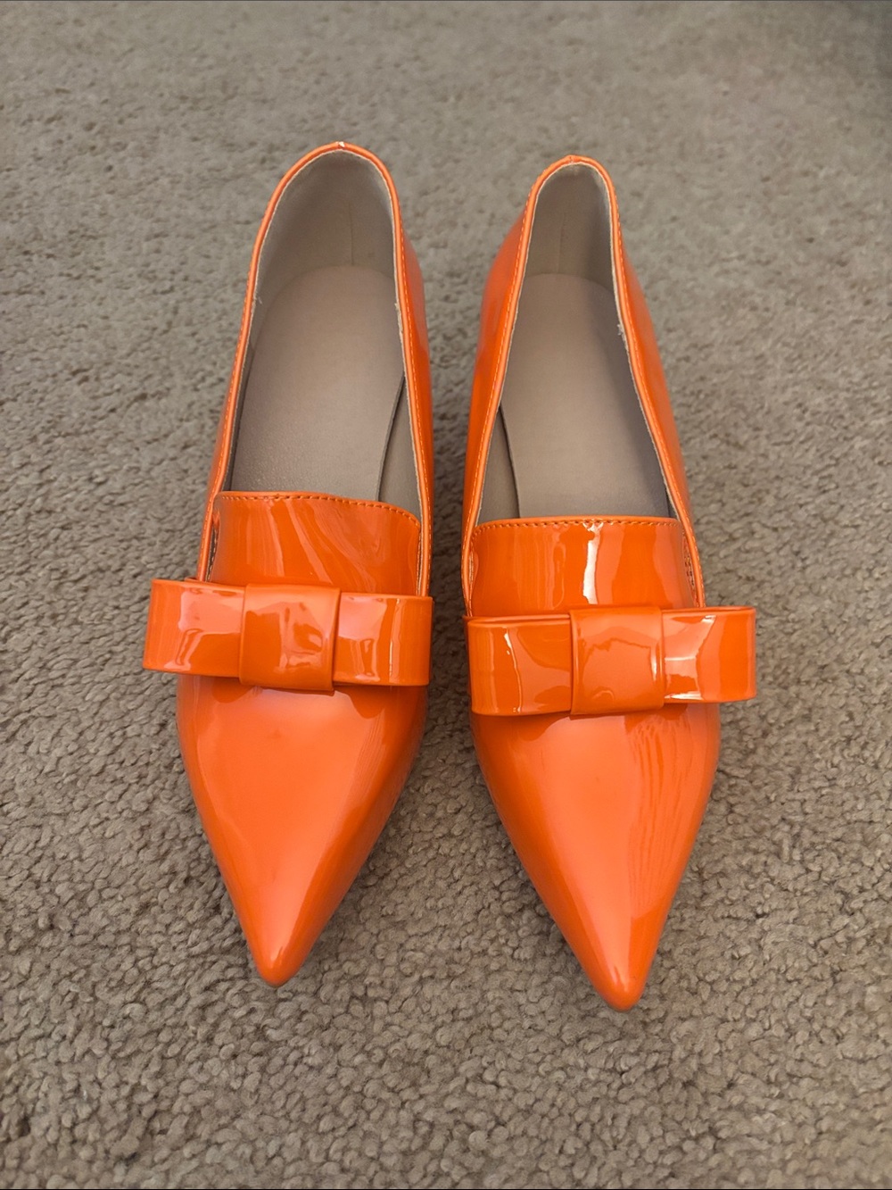 Women’s Pointed Toe Patent Bow Loafers - Orange